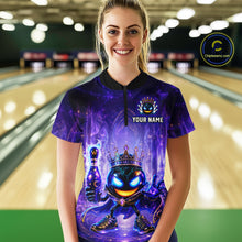 Load image into Gallery viewer, Person wearing a purple bowling shirt with a design and 'Your Name' text in a bowling alley.
