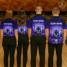 Load image into Gallery viewer, Four people wearing matching blue bowling shirts with a team name on a bowling alley.