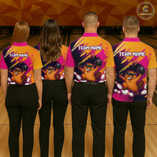 Load image into Gallery viewer, Four people wearing matching bowling shirts with a team name on a bowling alley.