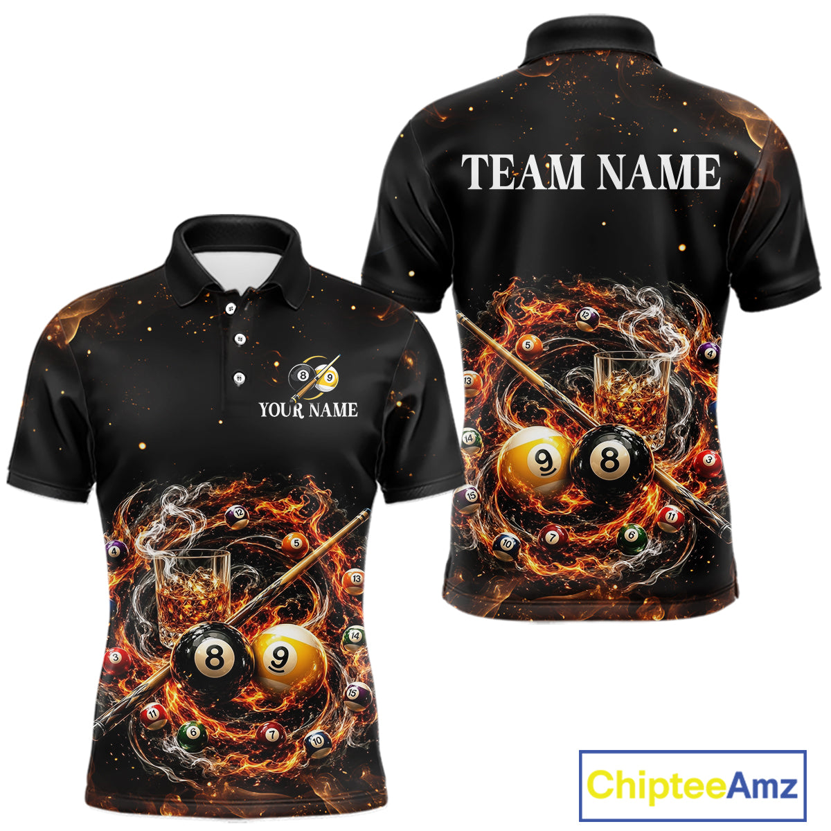 Black polo shirt with billiards design on front and back, featuring 'Team Name' and 'Your Name' text.