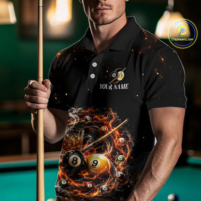 Man wearing a black polo shirt with pool ball design and 'Your Name' text, holding a pool cue.