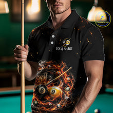 Load image into Gallery viewer, Man wearing a black polo shirt with pool ball design and 'Your Name' text, holding a pool cue.