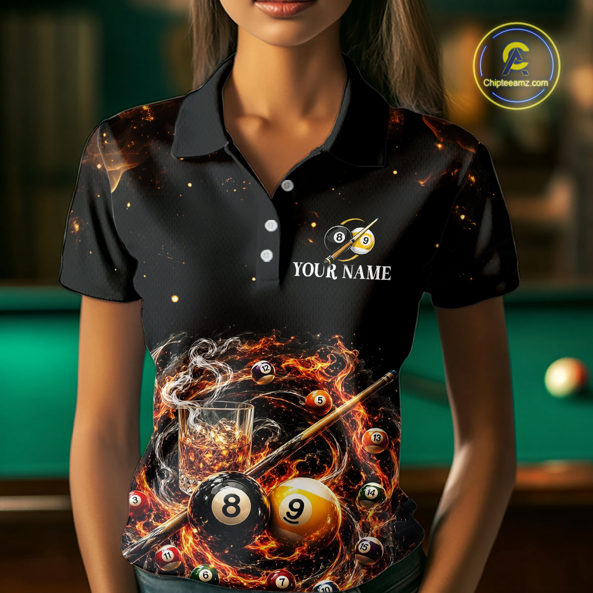 Black polo shirt with pool ball design and 'Your Name' text on a blurred pool table background