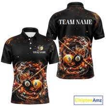 Load image into Gallery viewer, Black polo shirt with billiards design on front and back, featuring 'Team Name' and 'Your Name' text.