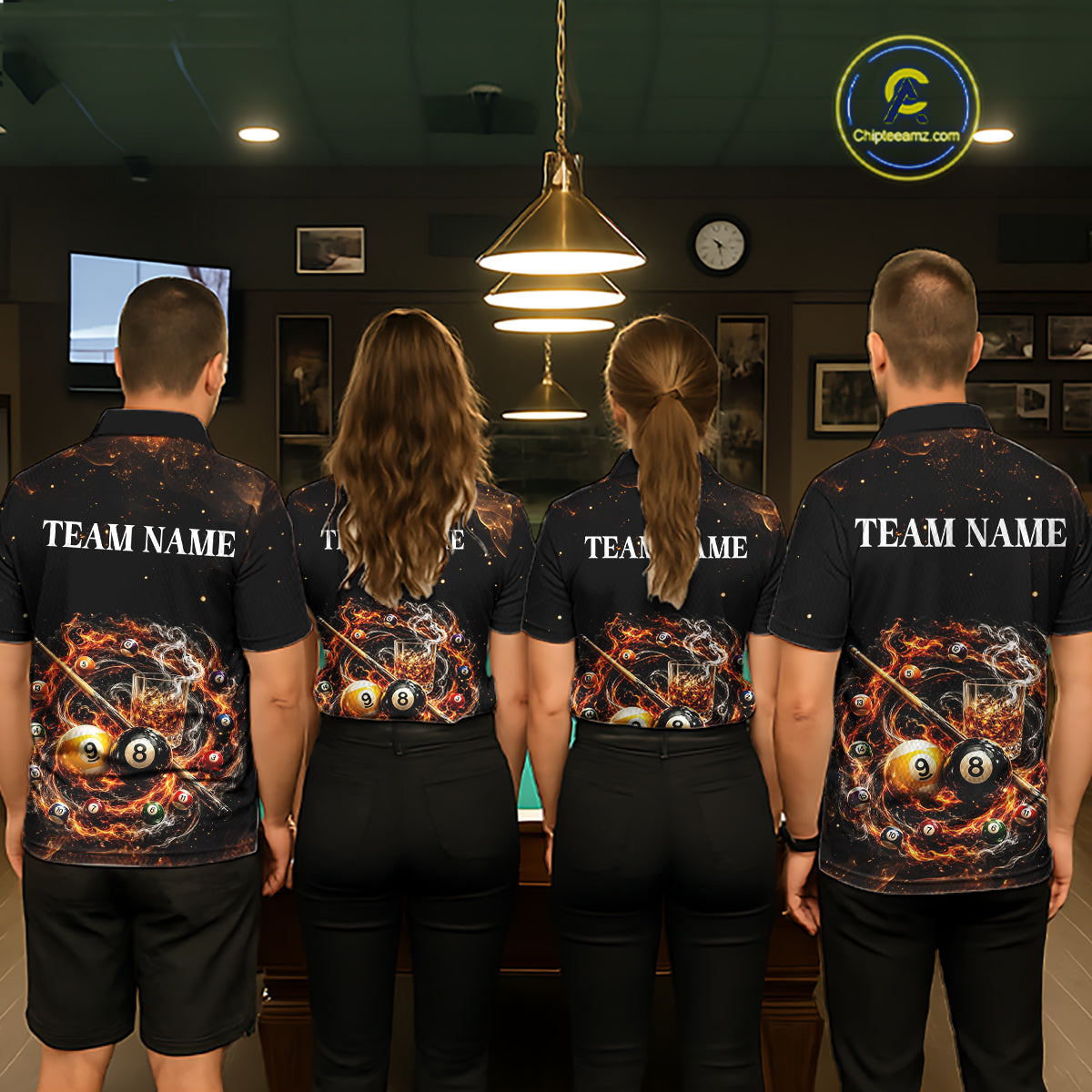 Four people wearing matching bowling shirts with a fiery design and 'Team Name' text in a pool hall.
