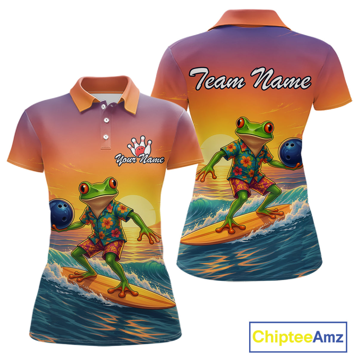 Custom short-sleeve polo shirt shown from the front and back, featuring a colorful graphic of a green frog surfing on a beach at sunset with bowling balls and the text 'Team Name' and 'Your Name'.