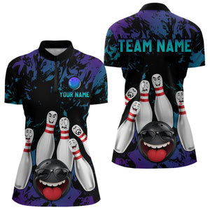 Teal Purple Funny Bowling Team Shirt for Women Custom Bowling League Jersey Polo Bowler Outfit QZT781