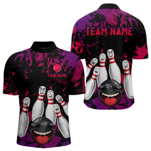 Red Purple Funny Bowling Team Shirt for Men Custom Bowling League Jersey Polo & 1/4 Zip Bowler Outfit QZT781