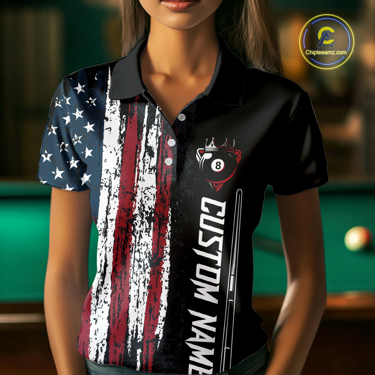 Personalized American Flag Billiard Shirts for Women Patriotic Billiard Pool Jersey Polo & 1/4-Zip BHT170
