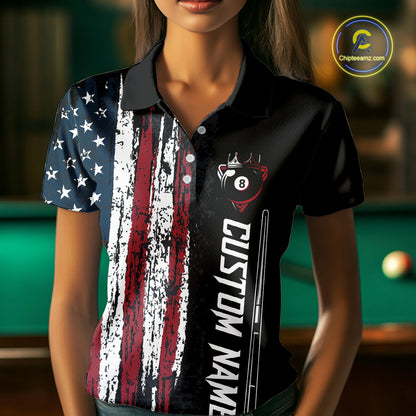 Personalized American Flag Billiard Shirts for Women Patriotic Billiard Pool Jersey Polo & 1/4-Zip BHT170