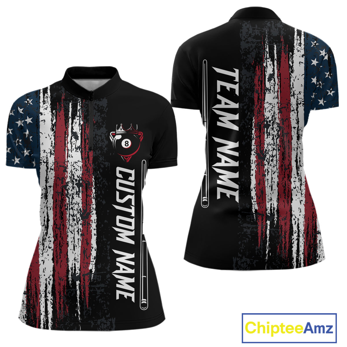 Personalized American Flag Billiard Shirts for Women Patriotic Billiard Pool Jersey Polo & 1/4-Zip BHT170