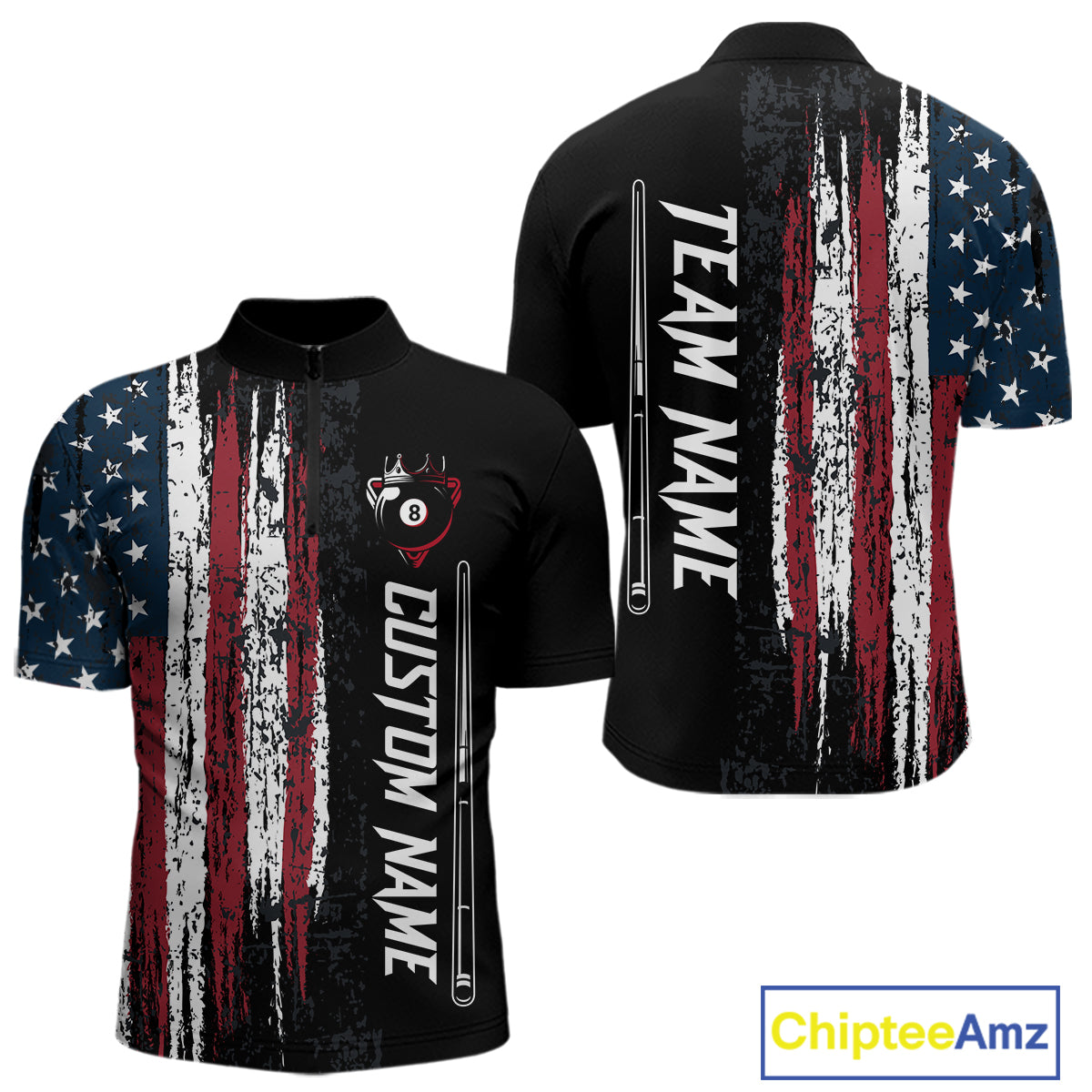 Personalized American Flag Billiard Shirts for Men Patriotic Billiard Pool Jersey Polo & 1/4-Zip BHT170