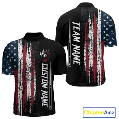 Personalized American Flag Billiard Shirts for Men Patriotic Billiard Pool Jersey Polo & 1/4-Zip BHT170