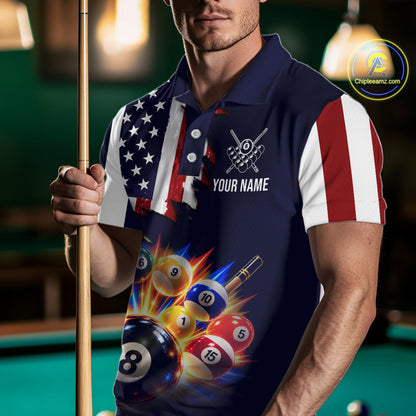 Custom American Flag Billiard Shirts for Men 8 Ball Patriotic Billiard Pool Jersey Polo & 1/4-Zip BHT171