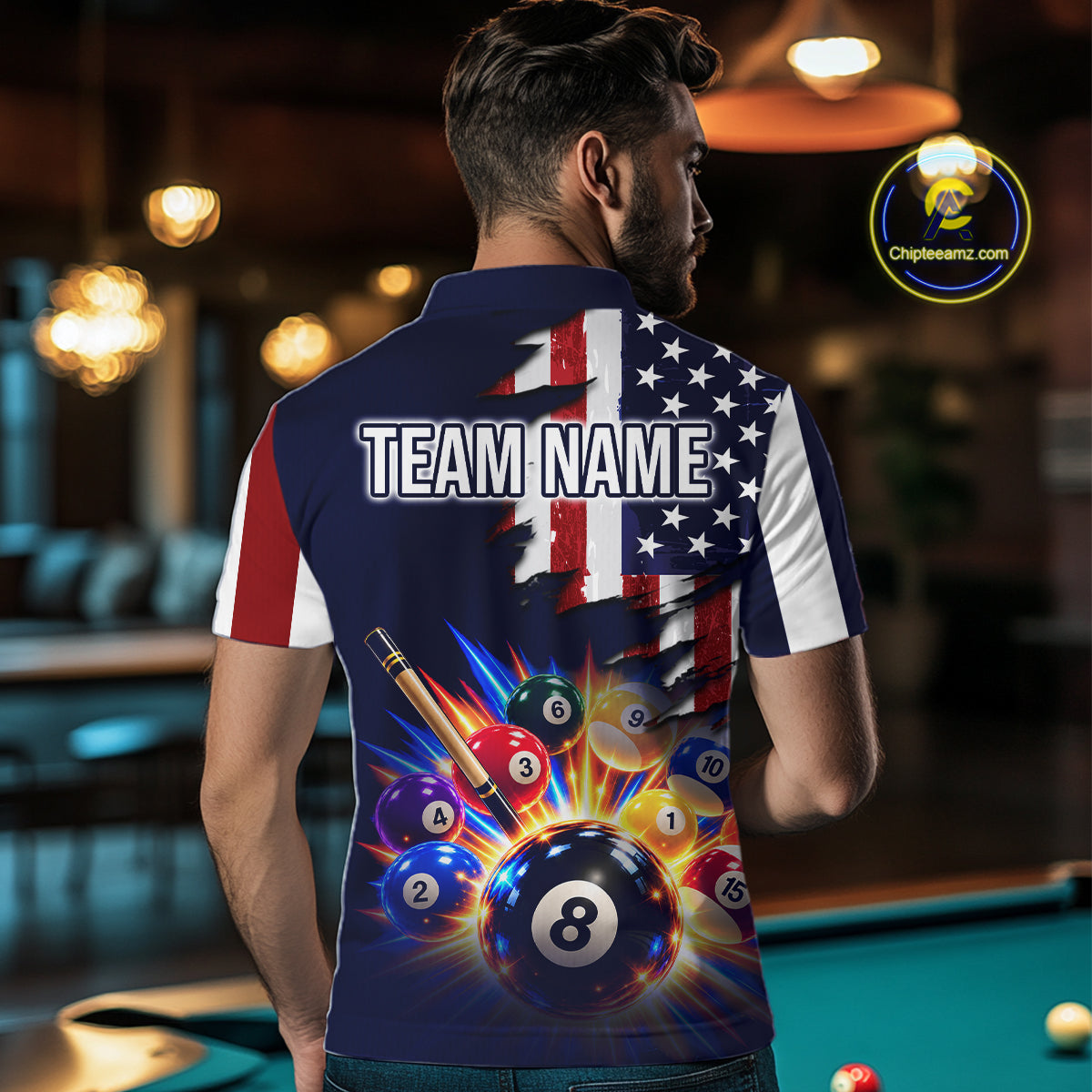 Custom American Flag Billiard Shirts for Men 8 Ball Patriotic Billiard Pool Jersey Polo & 1/4-Zip BHT171