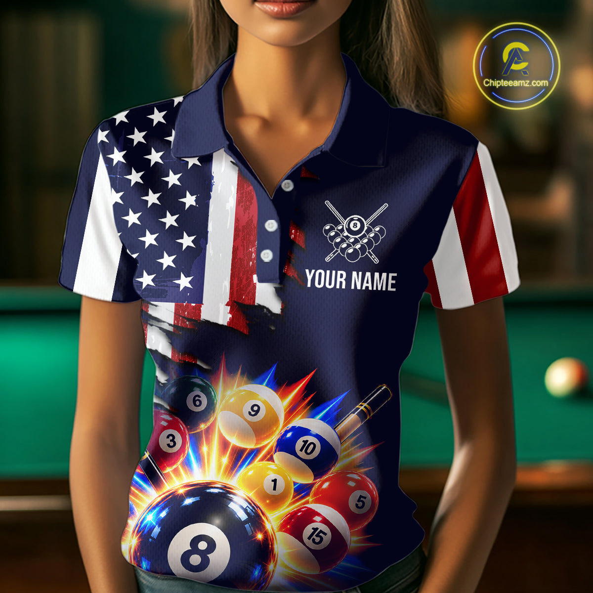 Custom American Flag Billiard Shirts for Women 8 Ball Patriotic Billiard Pool Jersey Polo & 1/4-Zip BHT171