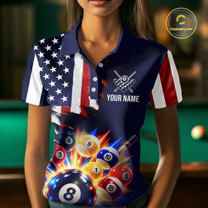 Custom American Flag Billiard Shirts for Women 8 Ball Patriotic Billiard Pool Jersey Polo & 1/4-Zip BHT171