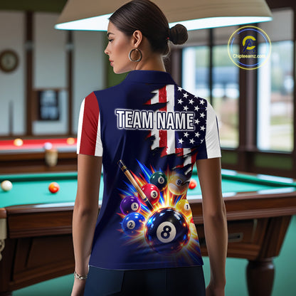 Custom American Flag Billiard Shirts for Women 8 Ball Patriotic Billiard Pool Jersey Polo & 1/4-Zip BHT171