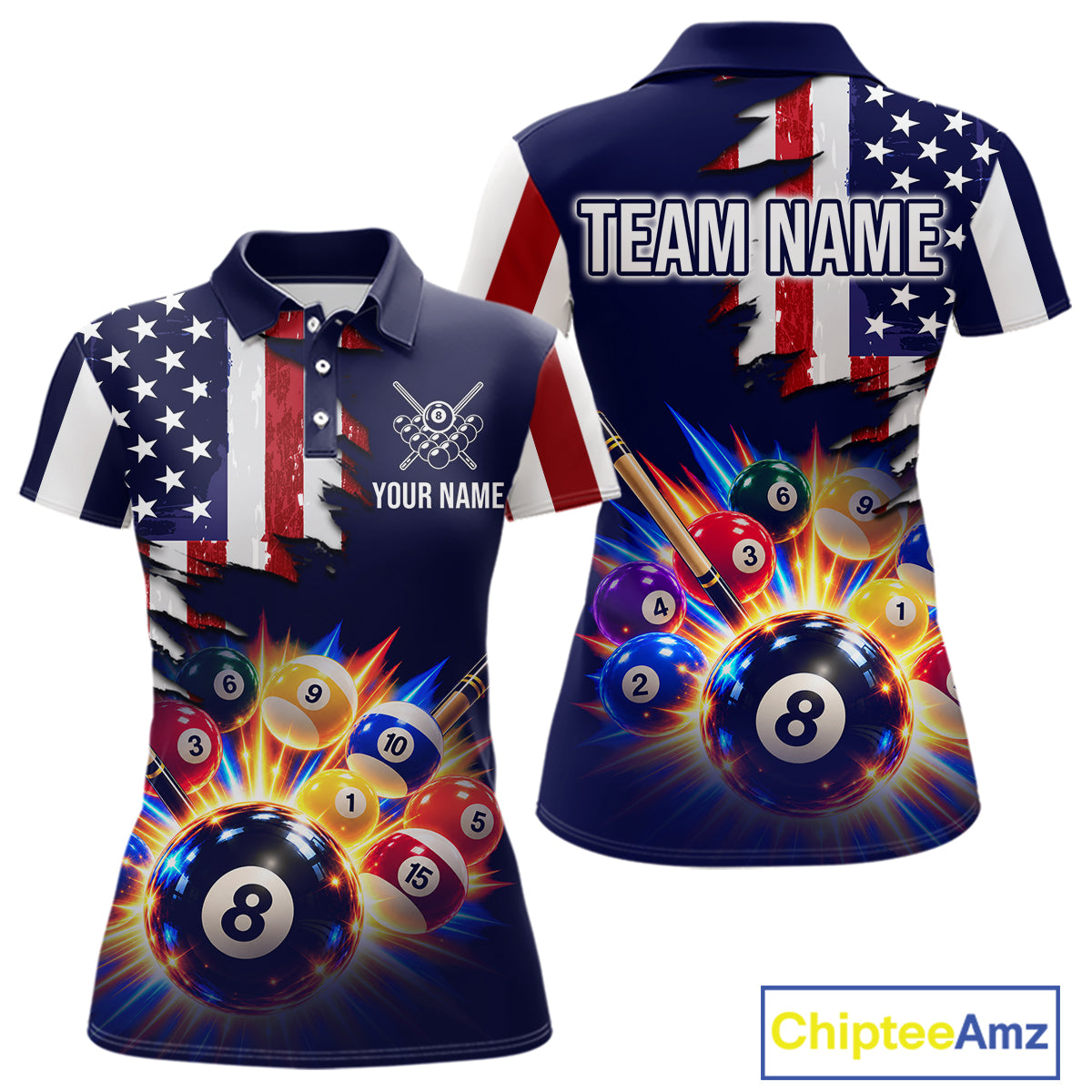 Custom American Flag Billiard Shirts for Women 8 Ball Patriotic Billiard Pool Jersey Polo & 1/4-Zip BHT171