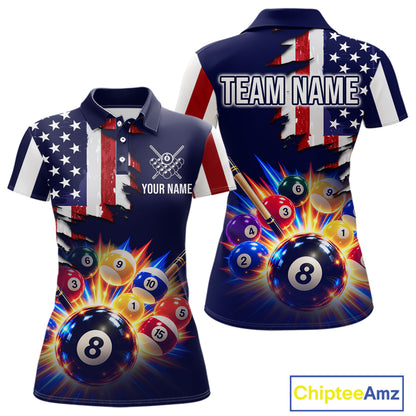 Custom American Flag Billiard Shirts for Women 8 Ball Patriotic Billiard Pool Jersey Polo & 1/4-Zip BHT171