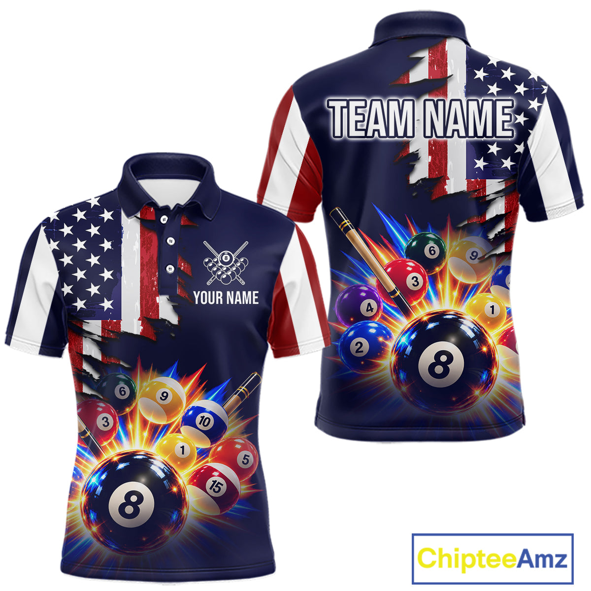 Custom American Flag Billiard Shirts for Men 8 Ball Patriotic Billiard Pool Jersey Polo & 1/4-Zip BHT171