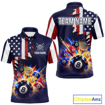 Custom American Flag Billiard Shirts for Men 8 Ball Patriotic Billiard Pool Jersey Polo & 1/4-Zip BHT171