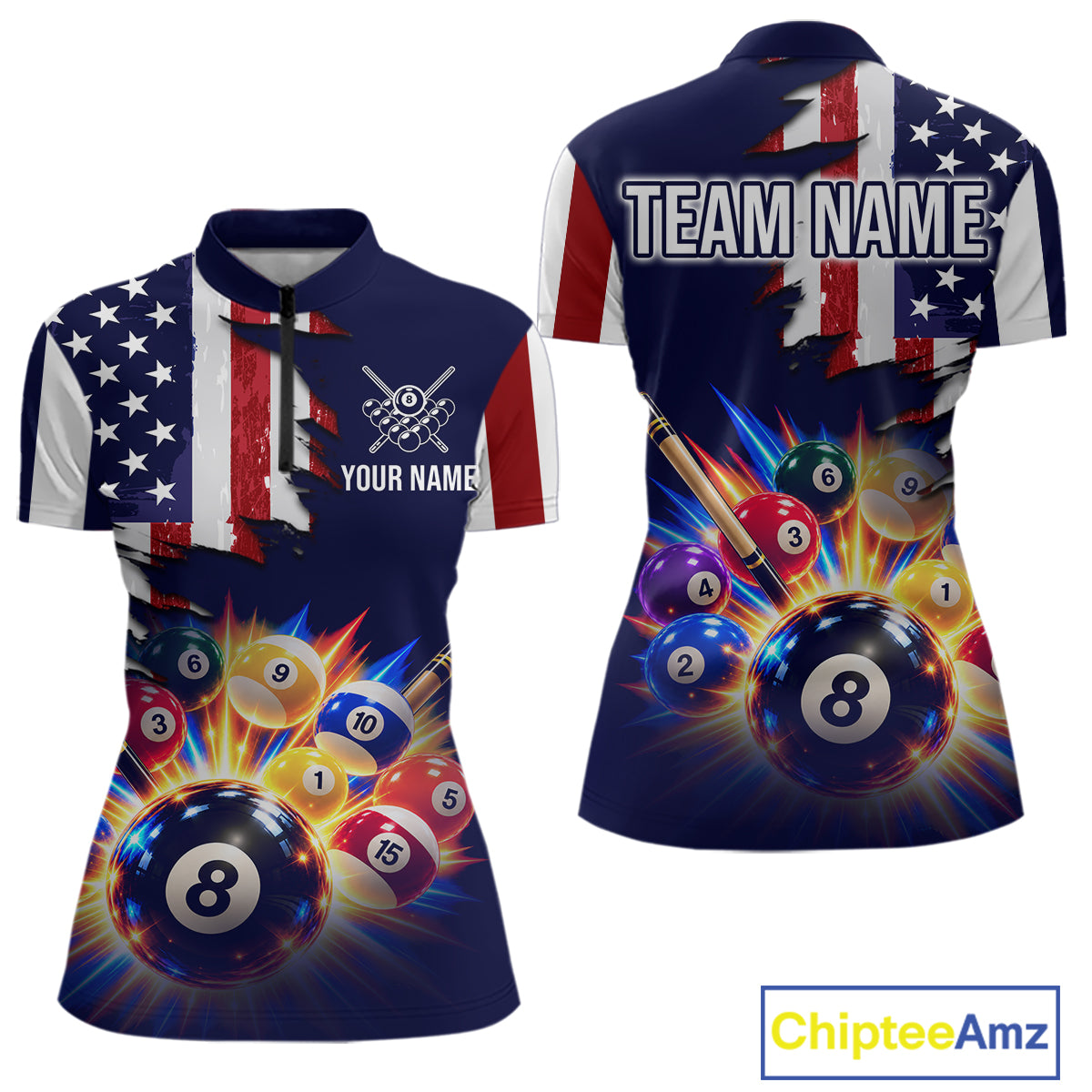 Custom American Flag Billiard Shirts for Women 8 Ball Patriotic Billiard Pool Jersey Polo & 1/4-Zip BHT171