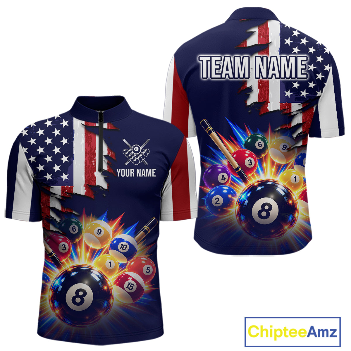 Custom American Flag Billiard Shirts for Men 8 Ball Patriotic Billiard Pool Jersey Polo & 1/4-Zip BHT171