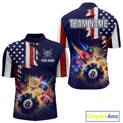 Custom American Flag Billiard Shirts for Men 8 Ball Patriotic Billiard Pool Jersey Polo & 1/4-Zip BHT171