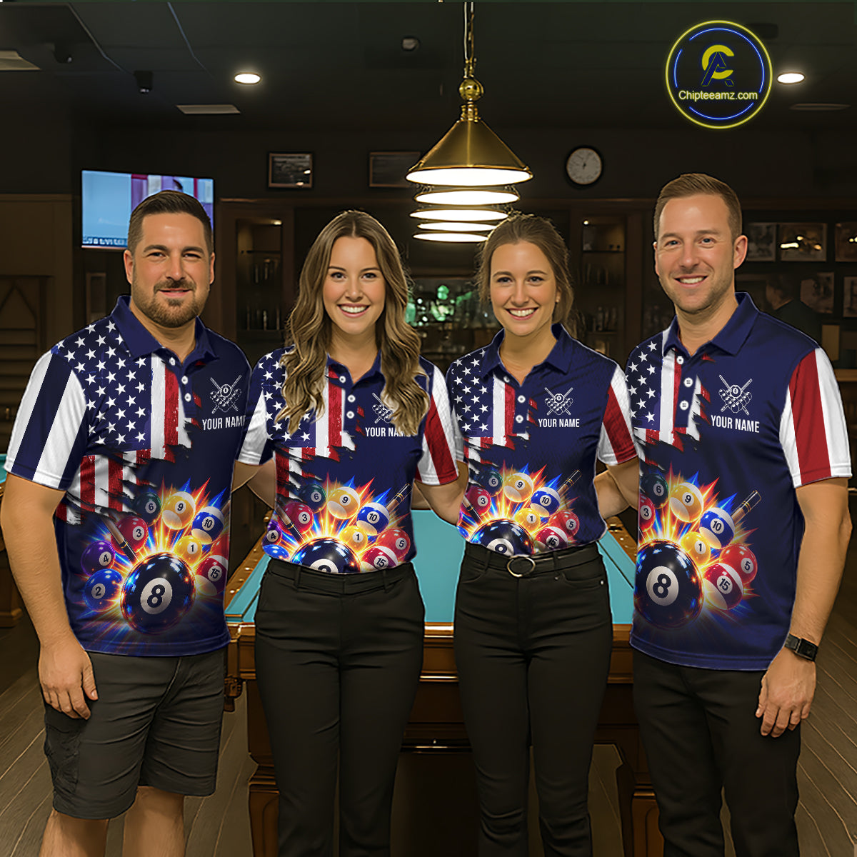 Custom American Flag Billiard Shirts for Men 8 Ball Patriotic Billiard Pool Jersey Polo & 1/4-Zip BHT171