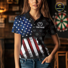 Load image into Gallery viewer, Female model wearing a personalized darts polo shirt highlighting a half-shirt grunge US flag print and a custom darts wreath logo on the chest