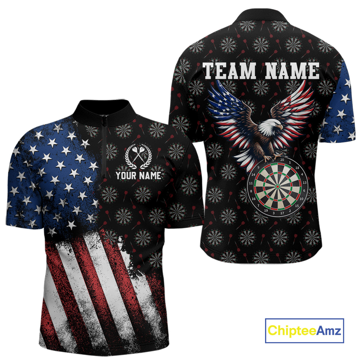Front and back views of a custom quarter-zip darts shirt, highlighted by a distressed US flag, bald eagle dartboard graphic, and team name