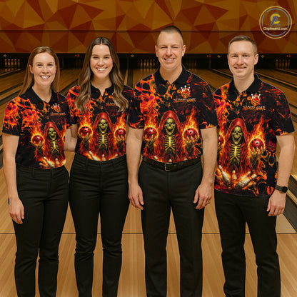 Custom Flame Skeleton Bowling Shirt for Women Bowling Jersey Polo & 1/4-Zip Bowling Outfit QZT1011