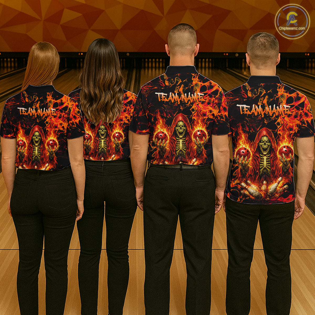 Custom Flame Skeleton Bowling Shirt for Women Bowling Jersey Polo & 1/4-Zip Bowling Outfit QZT1011
