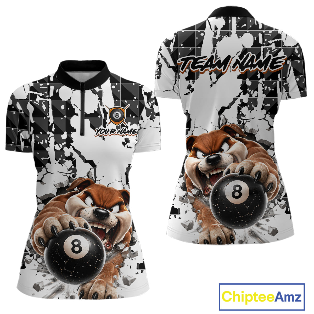 Two views of quarter-zip shirts with bulldog design holding 8-ball on a white background, featuring 'Chiptee Amz' branding.