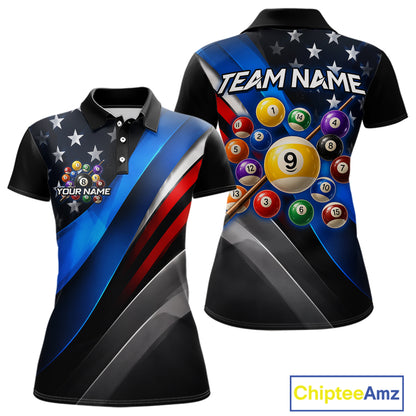 Customizable short-sleeve polo shirt shown from the front and back, featuring a black base with blue diagonal stripes, white stars, and a billiards-themed graphic with colorful pool balls and the text 'TEAM NAME' and 'YOUR NAME'.