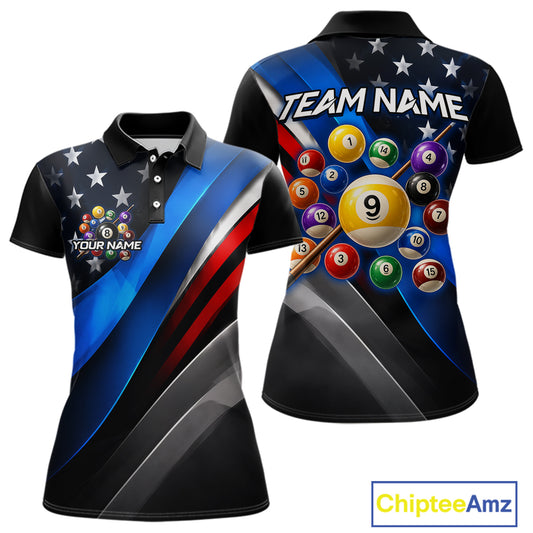 Customizable short-sleeve polo shirt shown from the front and back, featuring a black base with blue diagonal stripes, white stars, and a billiards-themed graphic with colorful pool balls and the text 'TEAM NAME' and 'YOUR NAME'.