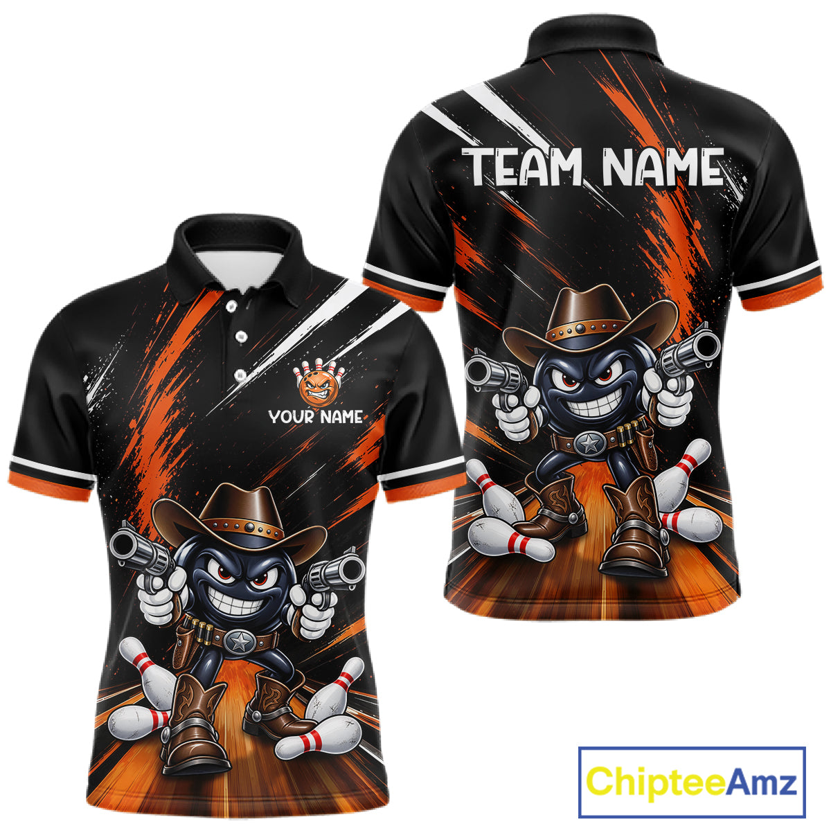 Custom Orange Funny Cowboy Gun Bowling Shirt  for Men Bowling Jersey QZT1325