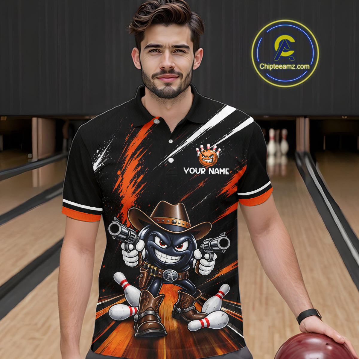 Custom Orange Funny Cowboy Gun Bowling Shirt  for Men Bowling Jersey QZT1325