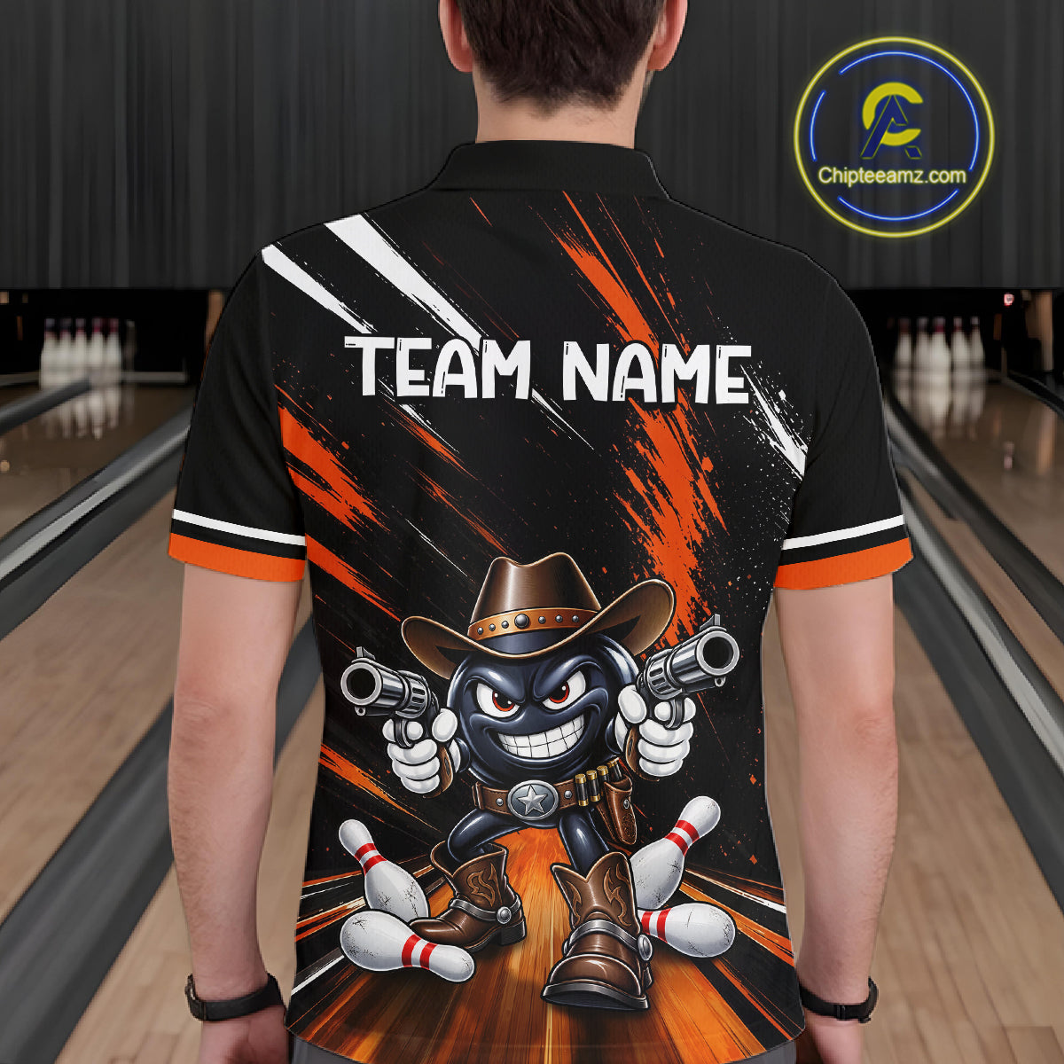 Custom Orange Funny Cowboy Gun Bowling Shirt  for Men Bowling Jersey QZT1325