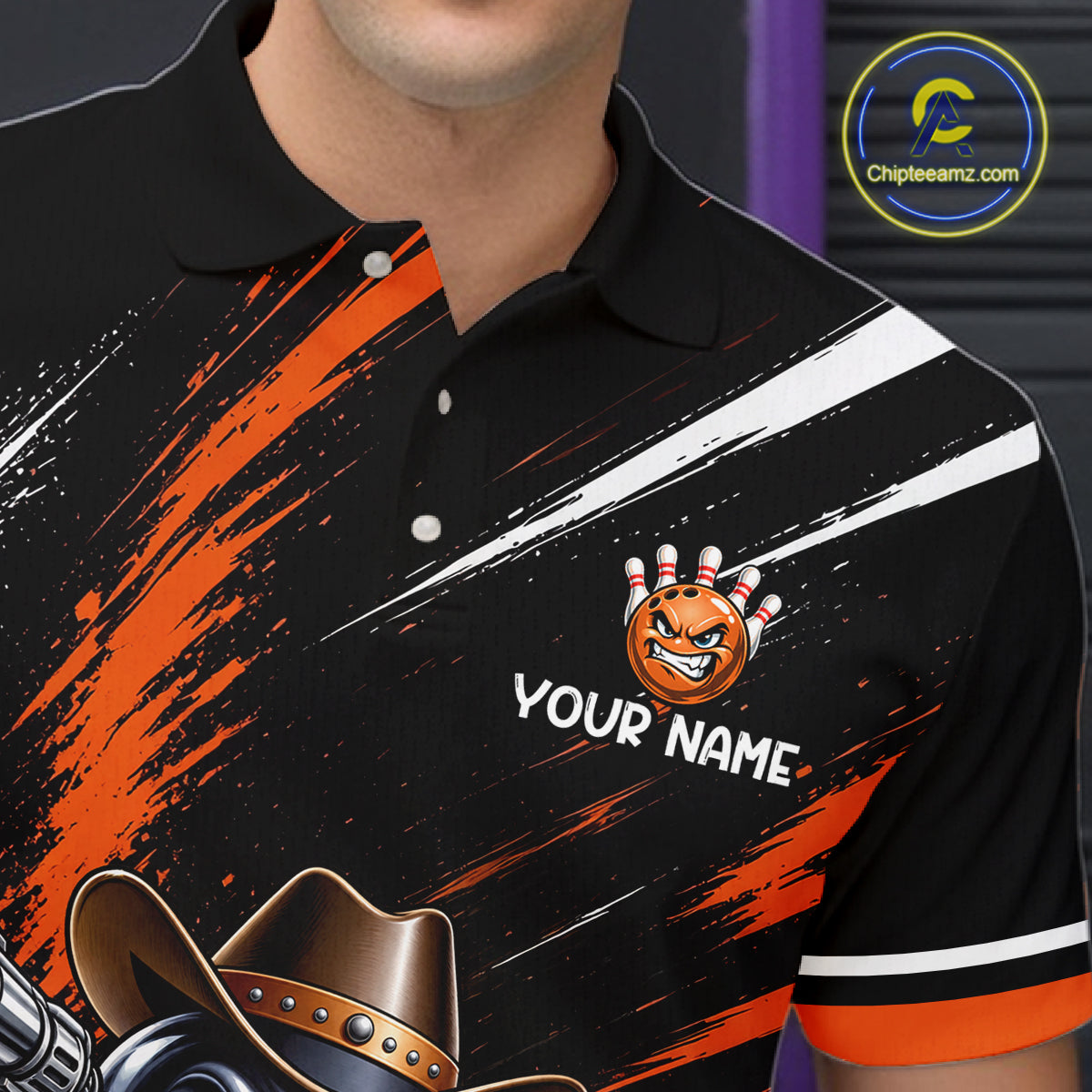 Custom Orange Funny Cowboy Gun Bowling Shirt  for Men Bowling Jersey QZT1325