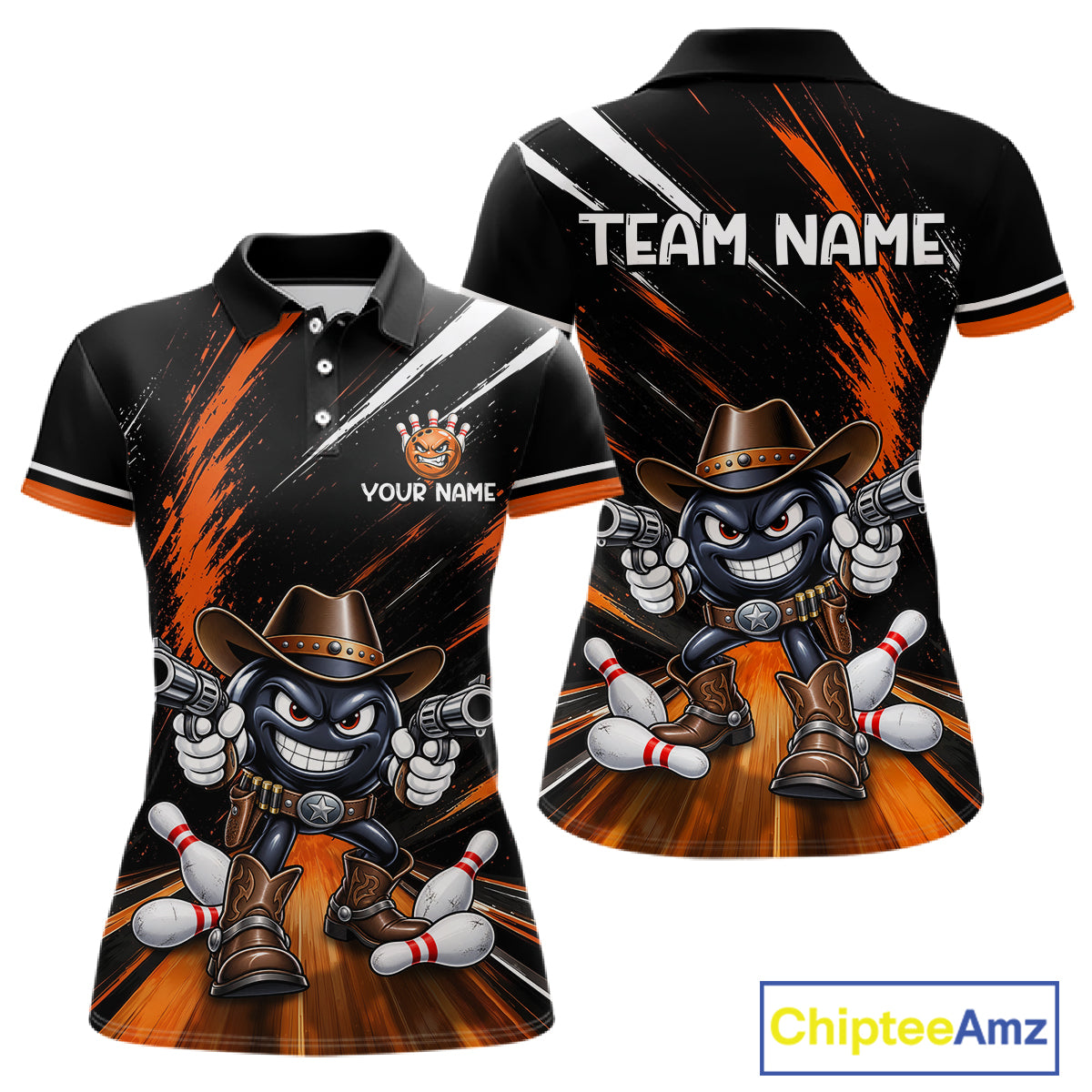 Custom Orange Funny Cowboy Gun Bowling Shirt  for Women Bowling Jersey QZT1325