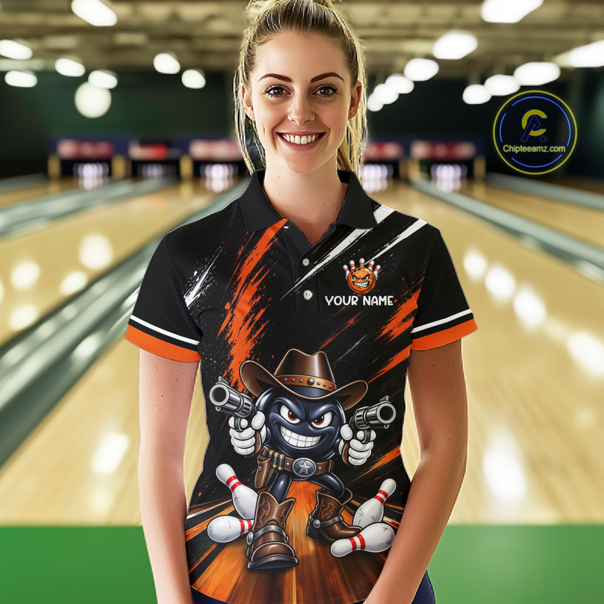 Custom Orange Funny Cowboy Gun Bowling Shirt  for Women Bowling Jersey QZT1325