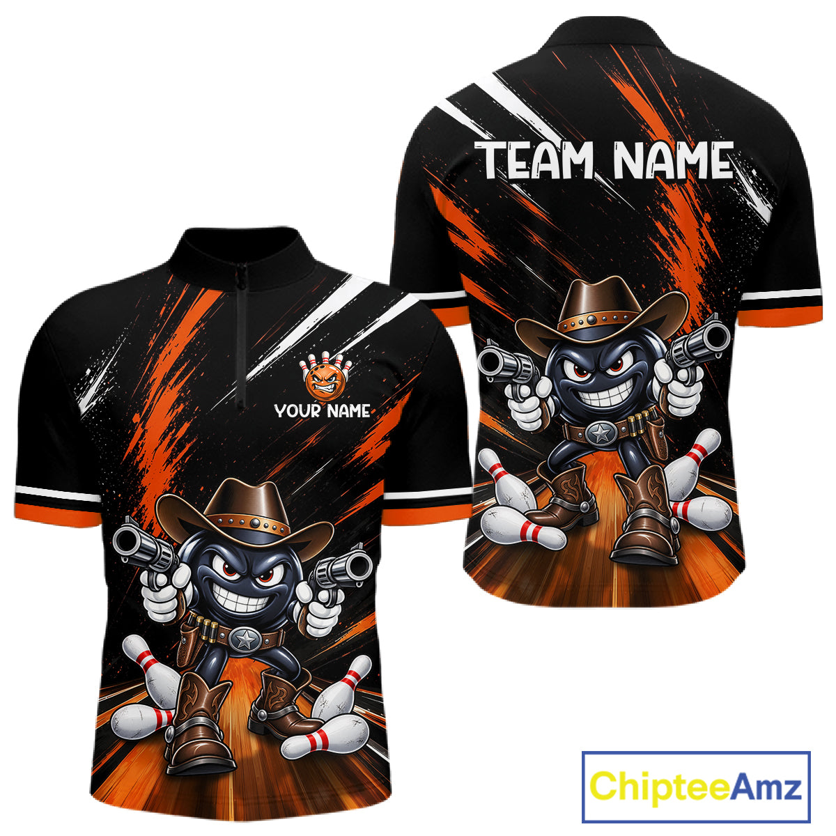 Custom Orange Funny Cowboy Gun Bowling Shirt  for Men Bowling Jersey QZT1325