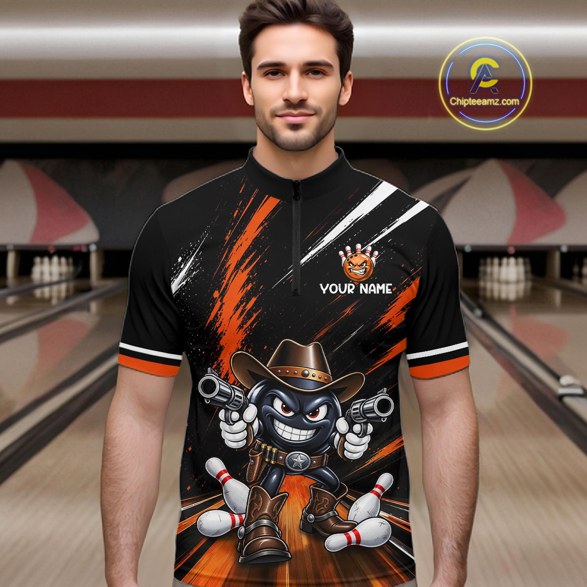 Custom Orange Funny Cowboy Gun Bowling Shirt  for Men Bowling Jersey QZT1325
