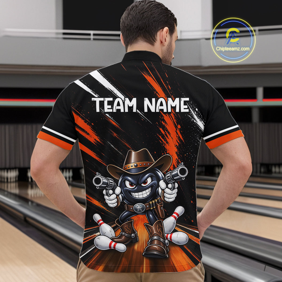Custom Orange Funny Cowboy Gun Bowling Shirt  for Men Bowling Jersey QZT1325
