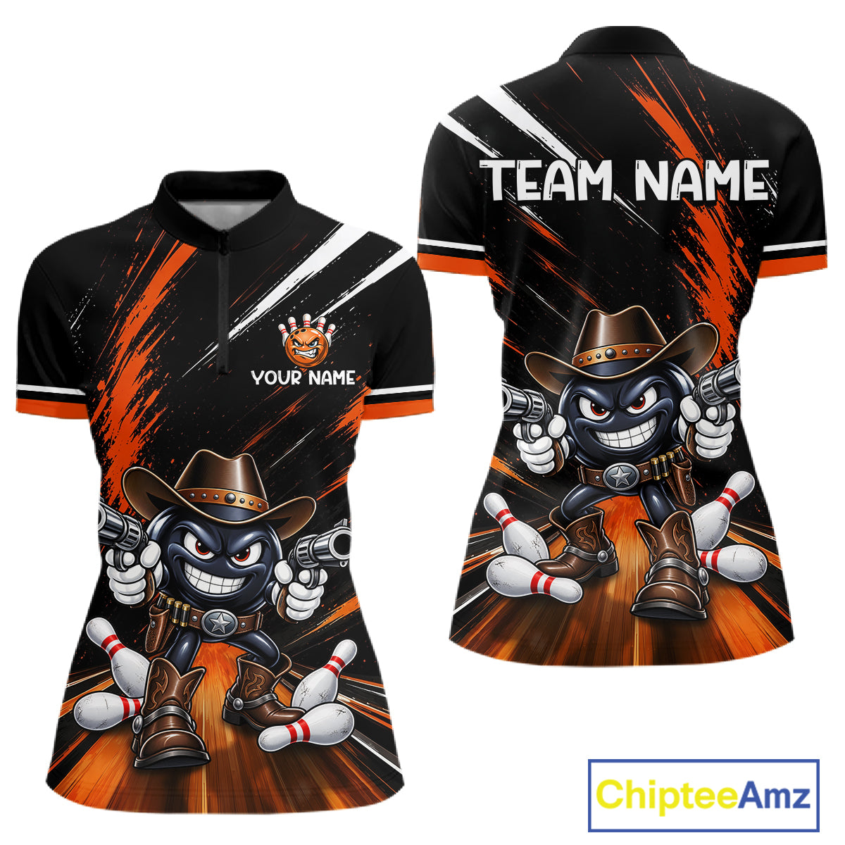 Custom Orange Funny Cowboy Gun Bowling Shirt  for Women Bowling Jersey QZT1325