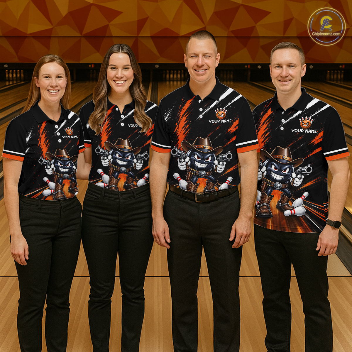 Custom Orange Funny Cowboy Gun Bowling Shirt  for Men Bowling Jersey QZT1325