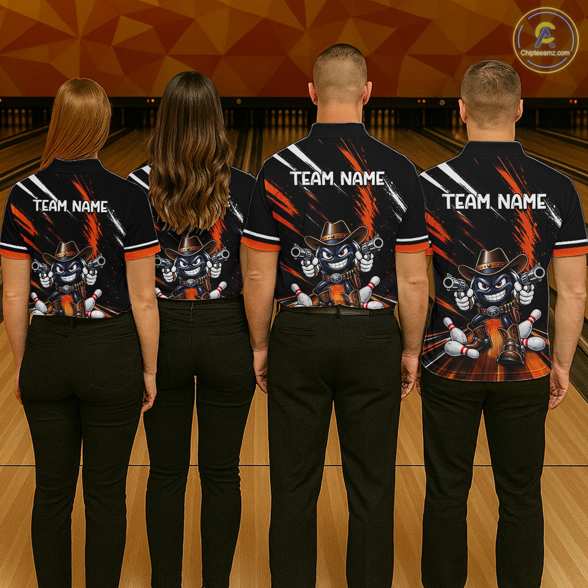 Custom Orange Funny Cowboy Gun Bowling Shirt  for Men Bowling Jersey QZT1325