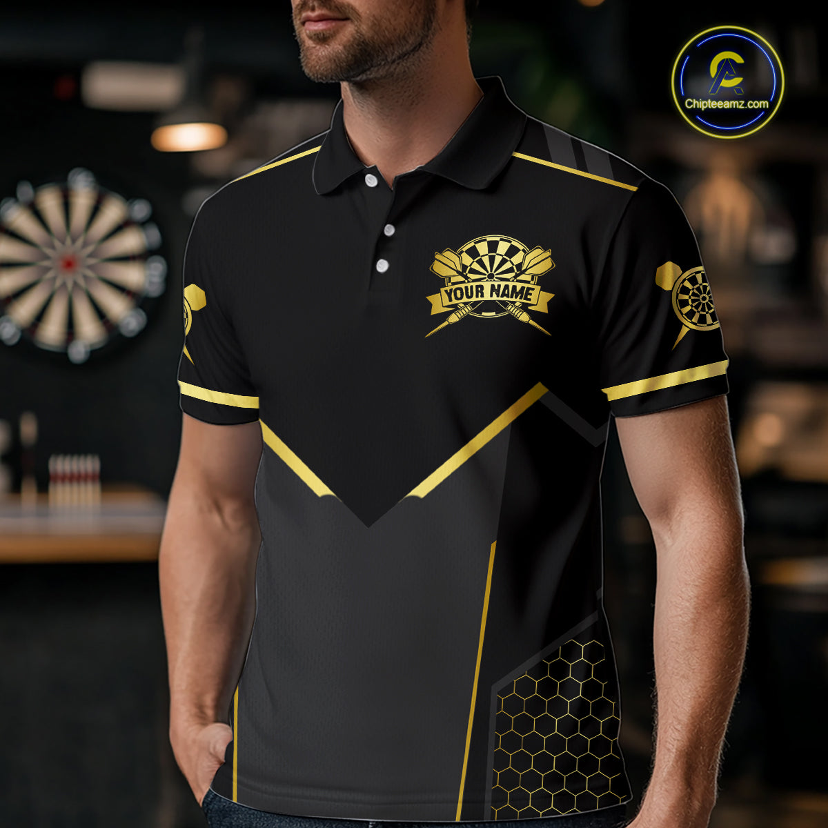 Black & Gold Dart Shirt for Men Custom Dart Dartboard League Jersey Polo & 1/4-Zip DHT105